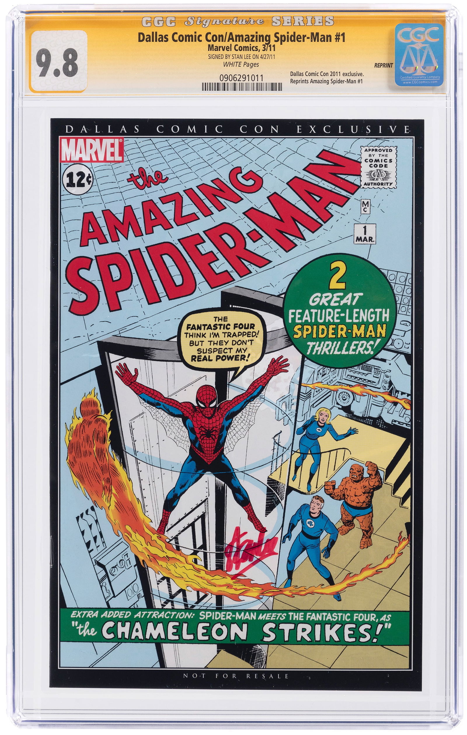 DALLAS COMIC CON/AMAZING SPIDER-MAN #1 MARCH 2011 CGC 9.8 NM/MINT SIGNATURE SERIES.: Marvel. Dallas Comic Con 2011 exclusive. Reprints Amazing Spider-Man #1. Signed on front cover in red felt tip pen by Stan Lee (1922-2018; April 27, 2011). White pages. Duke Caldwell Collection. J