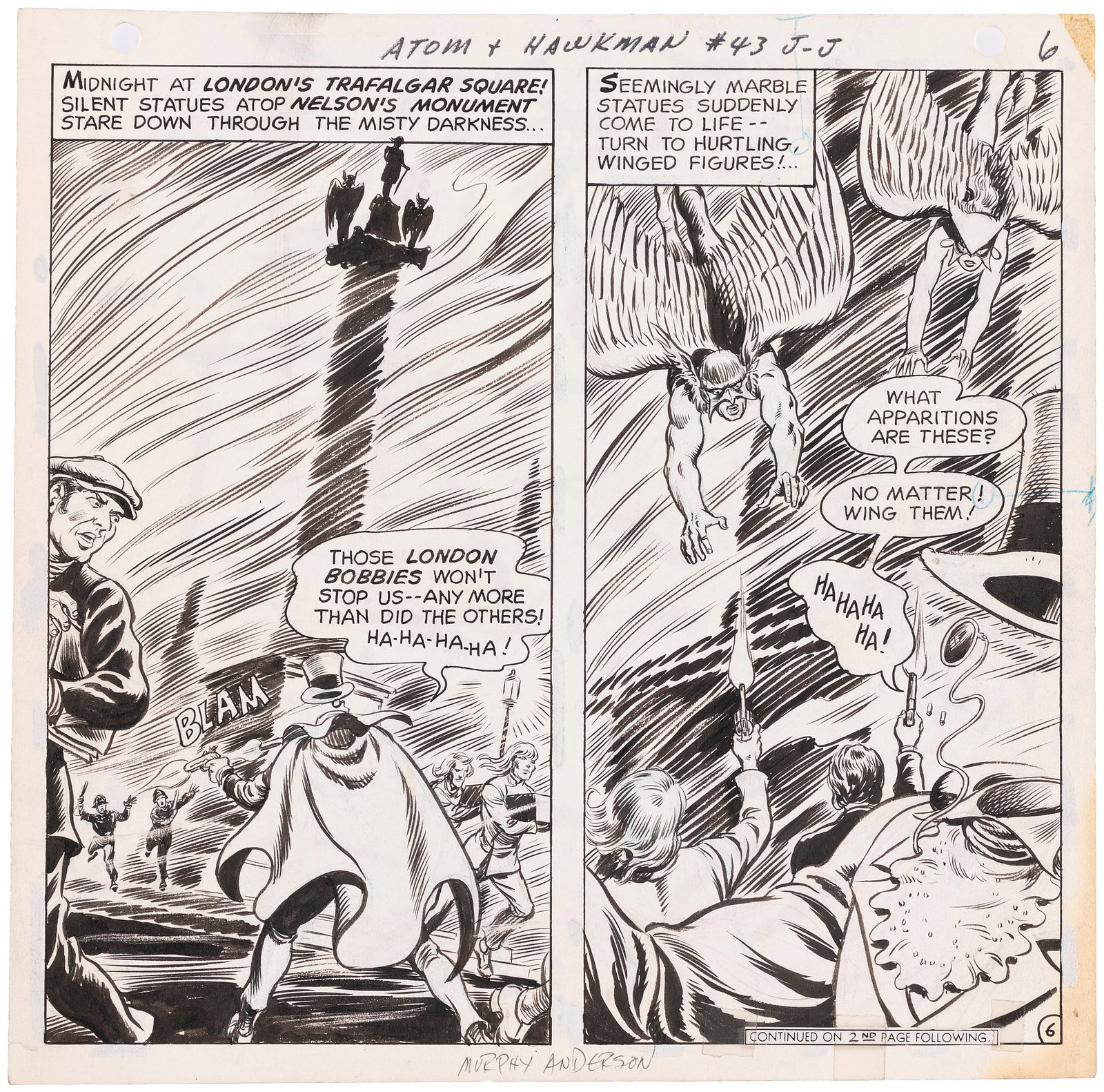 ATOM & HAWKMAN #43 ORIGINAL ART HALF PAGE BY MURPHY ANDERSON.: 10.75x10.75"" comic art board features original art by Murphy Anderson (1926-2015) for Atom & Hawkman #43, June-July 1969. Art is for top half of page only as bottom half was an ad for Revell Mode