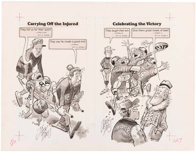 THE MAD JOCK BOOK COMIC ORIGINAL ART (FOOTBALL) BY JACK DAVIS.: 11.5x14.25"" artboard has pen and ink w/inkwash original art for The MAD Jock Book, published in 1983. Art is by MAD legend Jack Davis (1924-2016) and is two-page spread for ""Shakespeare On Jocks"" s