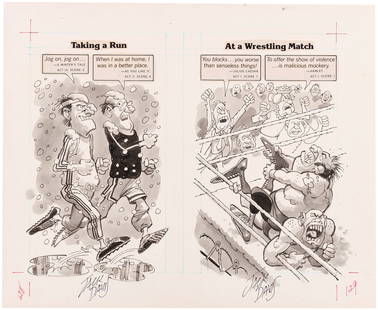 THE MAD JOCK BOOK COMIC ORIGINAL ART (RUNNING/WRESTLING) BY JACK DAVIS.: 11.5x14.25"" artboard has pen and ink w/inkwash original art for The MAD Jock Book, published in 1983. Art is by MAD legend Jack Davis (1924-2016) and is two-page spread for ""Shakespeare On Jocks"" s