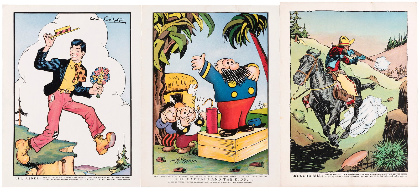 TIP TOP COMICS - LI'L ABNER, BRONCHO BILL & THE CAPTAIN AND THE KIDS RARE PREMIUM PICTURE TRIO.: Lot of three 8-7/8x11"" slightly glossy stiff paper picture features choice art of Li'l Abner by Al Capp, Broncho Bill by O'Neill and The Captain and The Kids by Rudolph Dirks. Bottom margins have tex