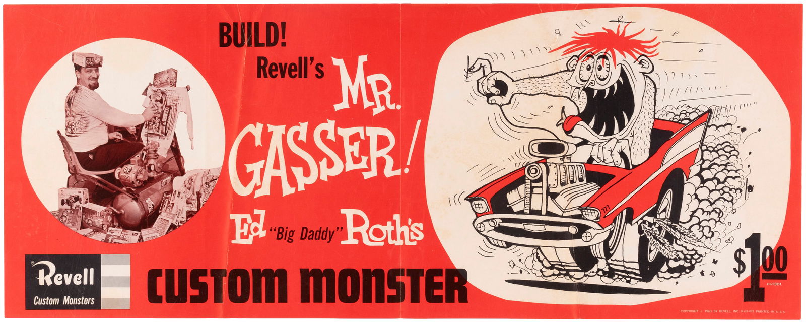 HAWK & REVELL MODEL KITS 1963 STORE POSTER TRIO.: Lot of three posters of two different designs, used to promote model kits in stores. All three date to 1963. Pair of 8.5x18.75"" glossy posters features same Hawk design w/art by Bill Campbell, famed