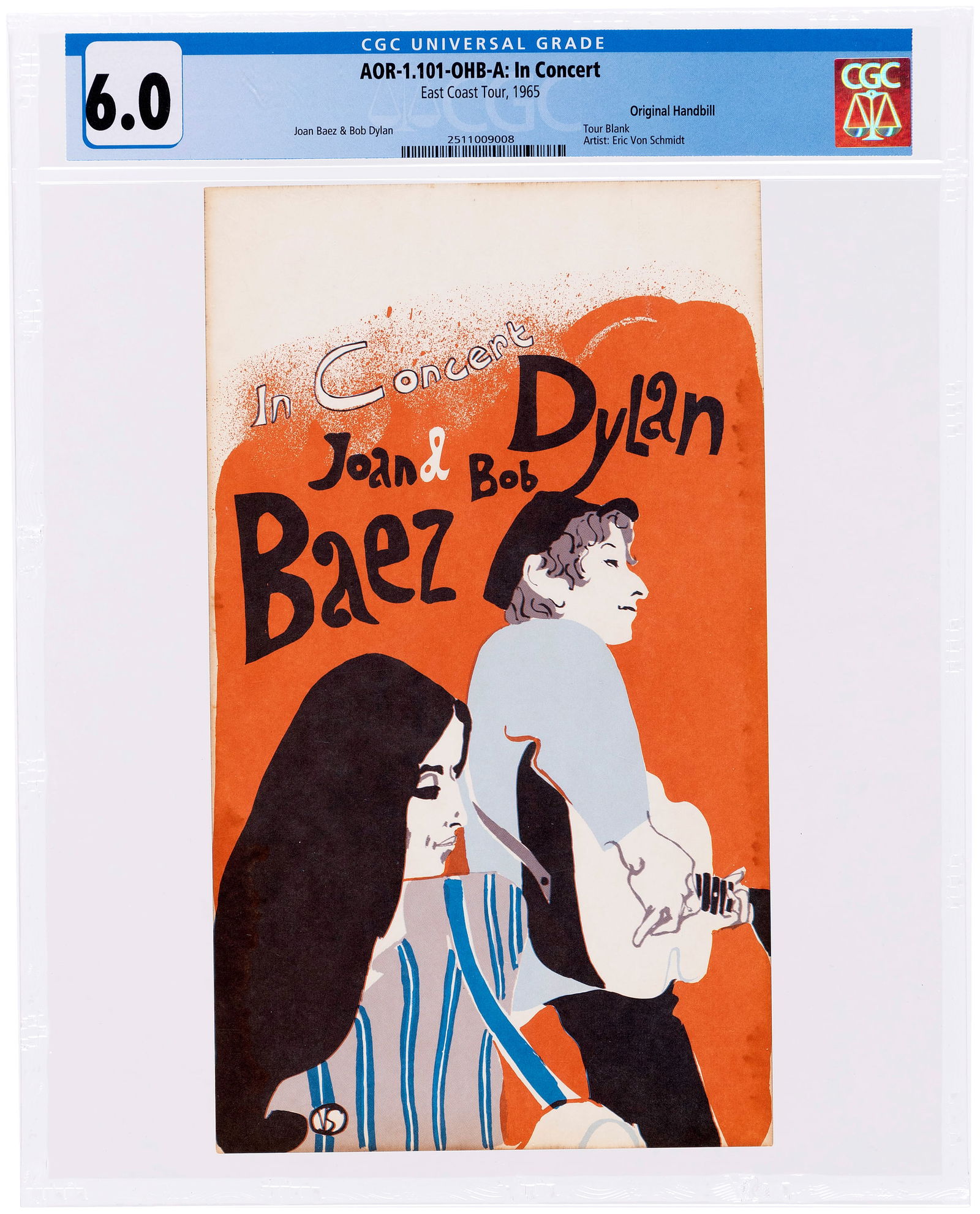 BOB DYLAN & JOAN BAEZ EAST COAST CONCERT SERIES 1965 CONCERT HANDBILL CGC 6.0 FINE.: 5.5x9.5"" single-sided paper handbill for East Coast concert series that featured Bob Dylan and Joan Baez who, as Dylan's advocate as well as his lover, helped introduce his music to the masses. Handb