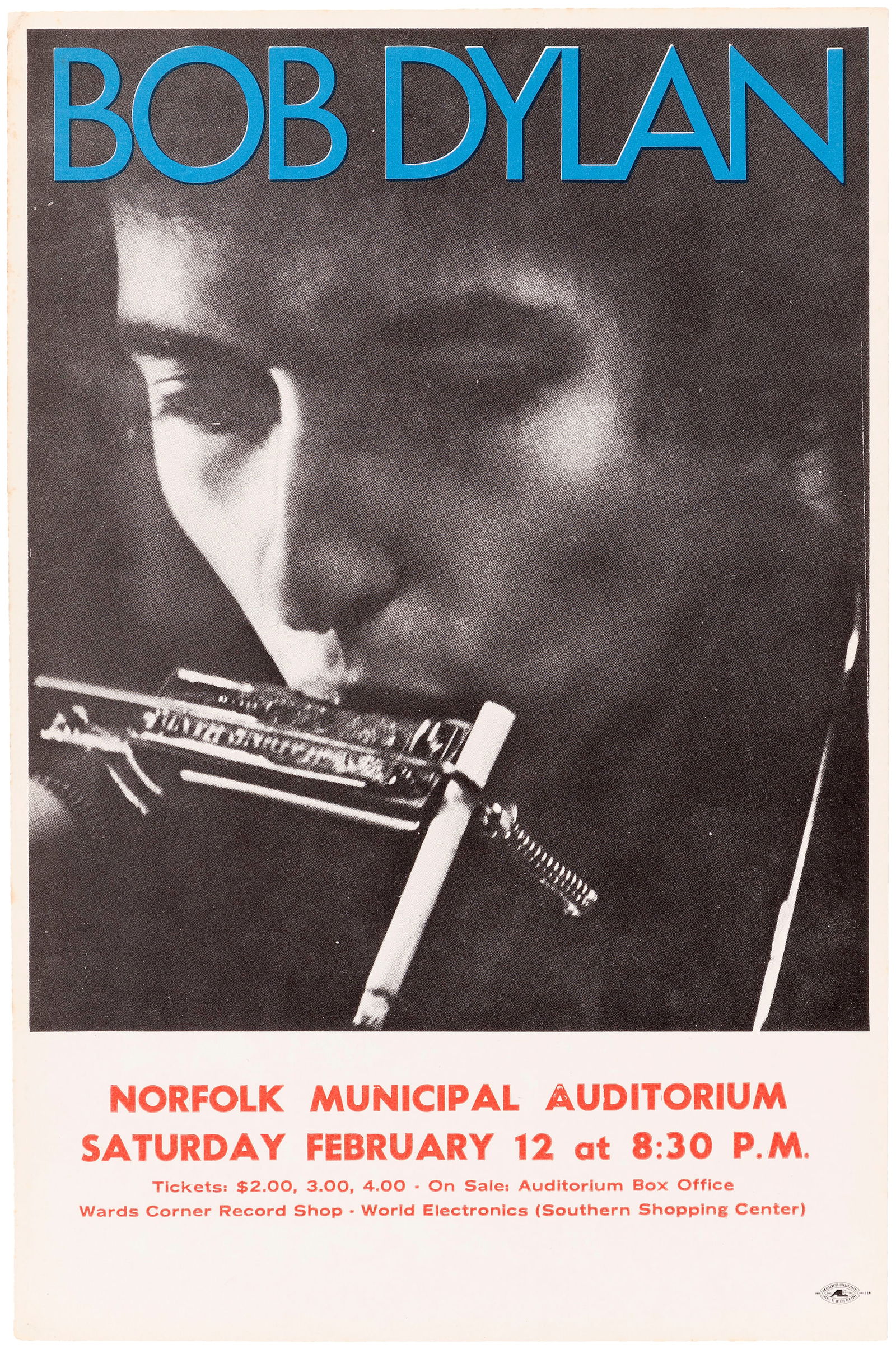 BOB DYLAN NORFOLK, VIRGINIA 1966 CONCERT HANDBILL.: 6x9"" paper handbill of Bob Dylan in classic harmonica headshot, promoting the Norfolk Municipal Auditorium concert on February 12, 1966. This was an early stop on Dylan's four month world tour, after