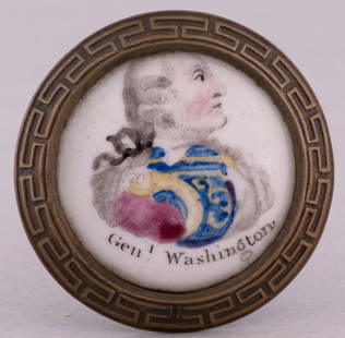 GEN. WASHINGTON FINE COLOR BATTERSEA CURTAIN TIE BACK.: 2" dia. by 3.5" overall. Keyed brass frame and unusually bold color portrait. Exc. Rare. Rex & Patti Stark Collection.