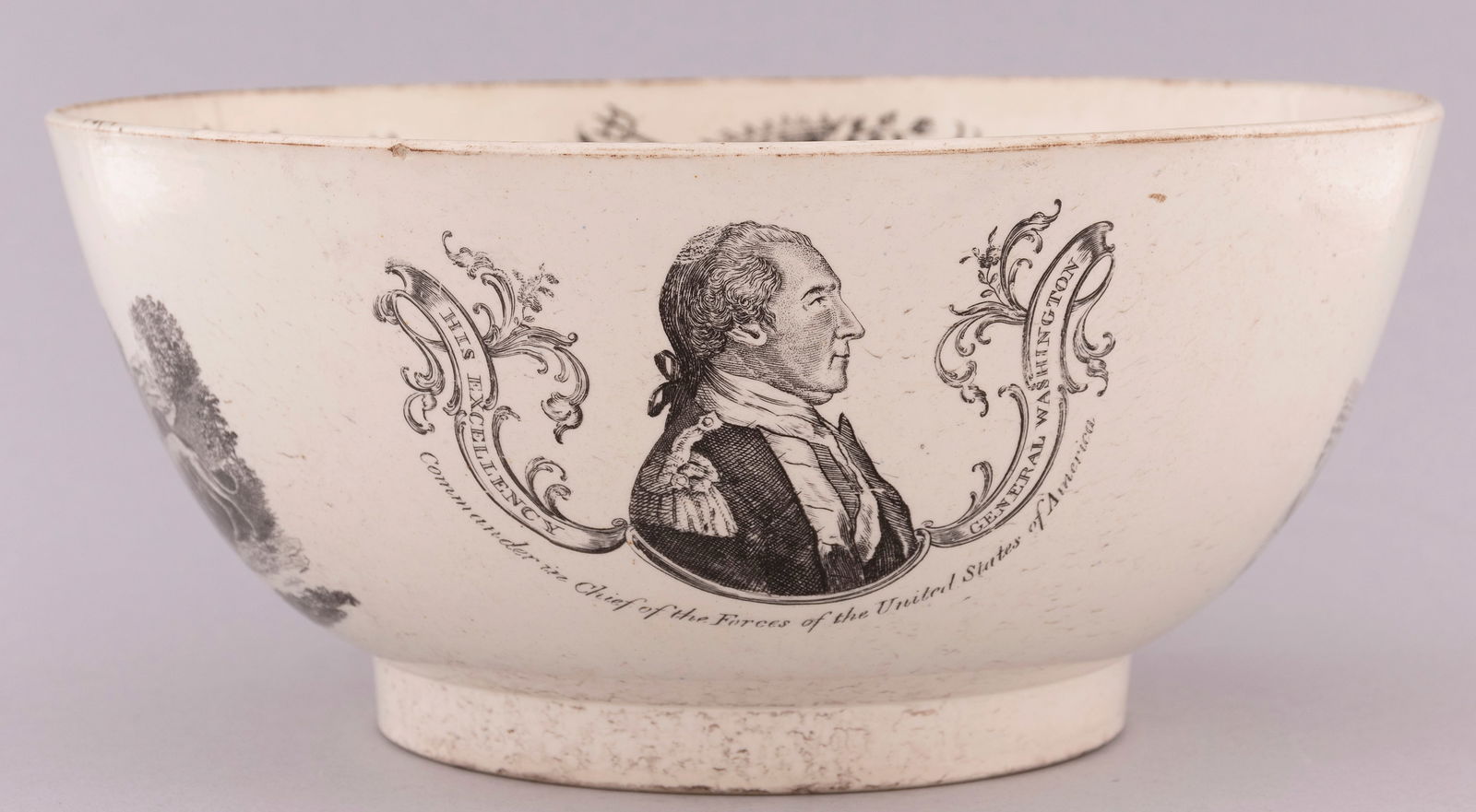WASHINGTON & FRANKLIN LIVERPOOL CREAMWARE BOWL.: 4.5” tall by 10” dia. Benjamin Franklin (Arman F.7) against "Chief Of Forces" Geo. Washington (W.5). Vignette of a woman watching tall ships sail and a huntress w/ Greyhound dogs. Crack do