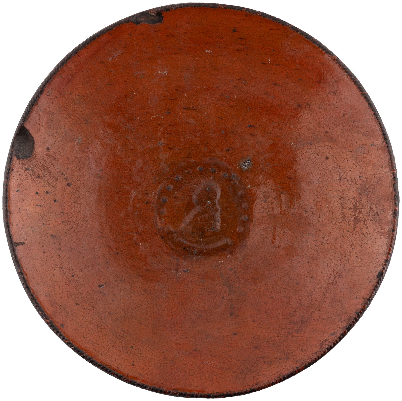 GEO. WASHINGTON IMPRESSED REDWARE CHARGER.: 2" tall by 10.5" dia. Early piece, previously unseen. Portrait ringed w/stars. Coggled edge has been blackened, possibly to blend old rim chips. Fine. Rex & Patti Stark Collection.