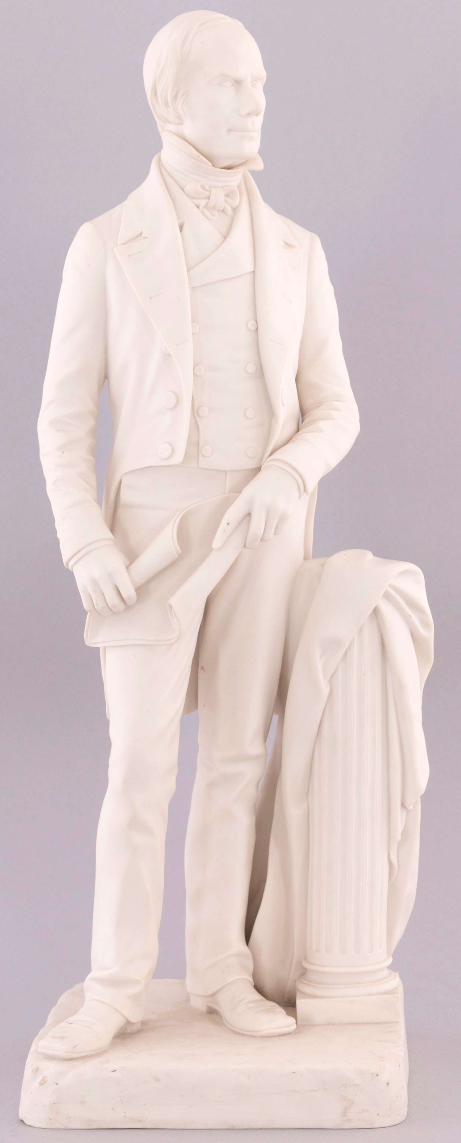 HENRY CLAY FULL LENGTH PORTRAIT PARIAN WARE STATUE.: 25.5" tall, 8.5" square base. Fine standing portrait of Clay after Thomas Ball's 1858 work and produced by G.W. Nichols. Exc. An impressive and stoic likeness of the Great Compromiser. Rex & Patti