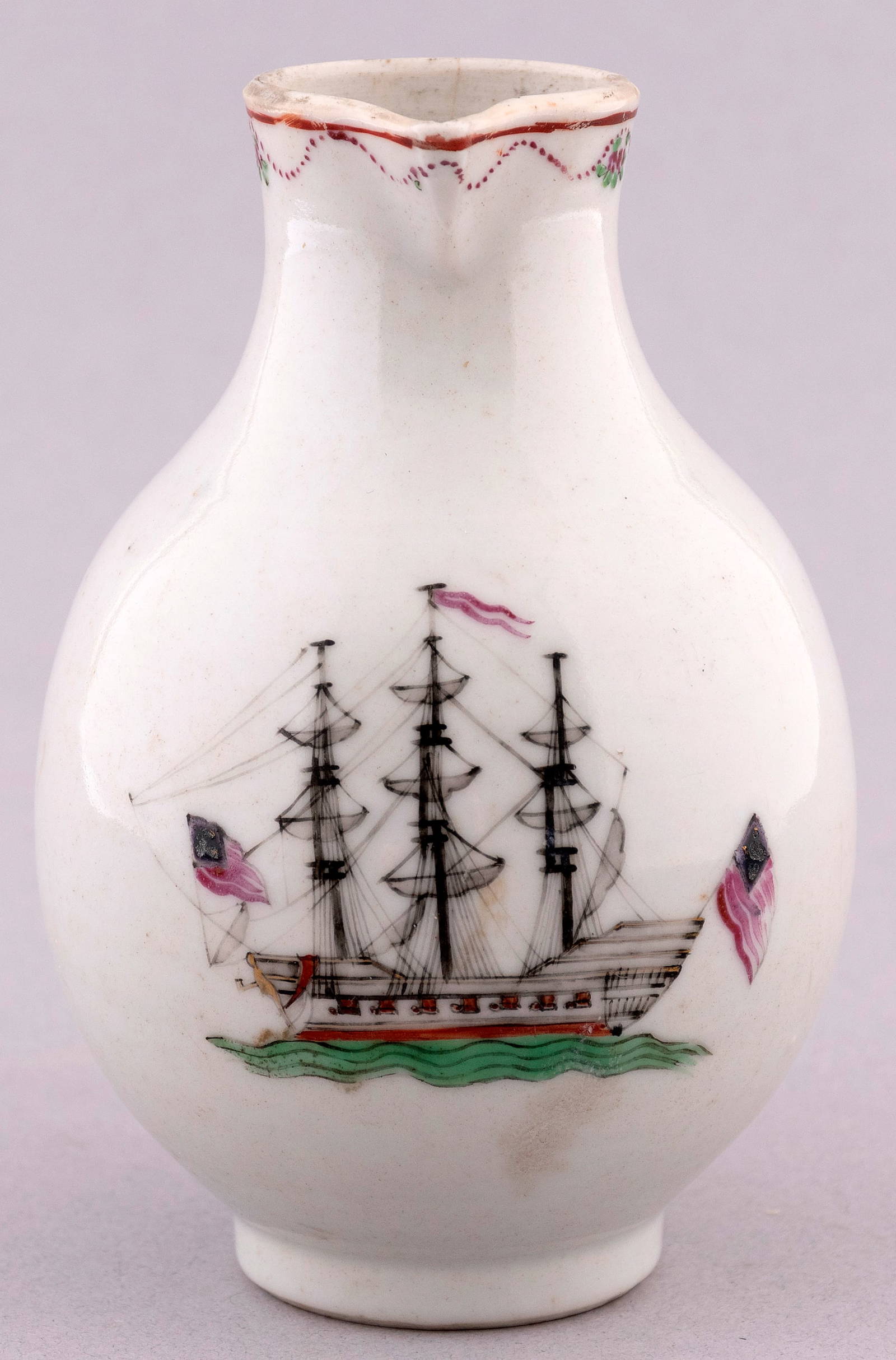 AMERICAN TALL SHIP W/ FLAGS CHINESE EXPORT PITCHER.