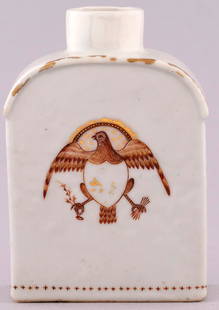 FEDERAL AMERICAN EAGLE CHINESE EXPORT TEA CADDY.: 4.75" tall. Ornate Federal Eagle w/gilt, double-sided. Bold example, though without stopper. Minor loss to gilt at edges and inside shields. VF. Rex & Patti Stark Collection.