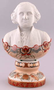 GEO. WASHINGTON REVIVAL PORCELAIN BUST JAPANESE BUTTERFLY DESIGN BASE.: 13" tall by 8" at shoulders. Unglazed George Washington bust atop a porcelain base decorated w/poppy orange, gilt and butterfly motif. Signature appears to read Kaga Province of Japan. Two-pieces, bus