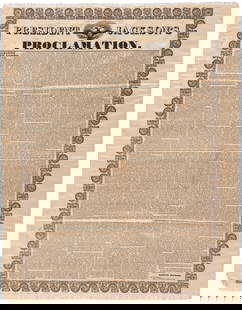 ANDREW JACKSON ANTI-NULLIFICATION OF TARIFF LAW SILK BROADSIDE.: 20x25". Silk. Features the full text of Jackson's Nullification Proclamation. Horizontal and vertical fold lines, as well as scattered faint staining, most notably along the left and top margins. Reta