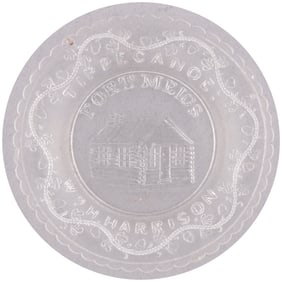 SCARCE WILLIAM HENRY HARRISON FORT MEIGS LOG CABIN GLASS PLATE.