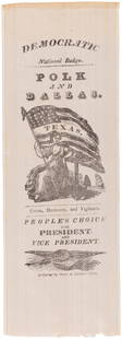 POLK & DALLAS LIBERTY W/"TEXAS" AMERICAN FLAG 1844 CAMPAIGN RIBBON.: 8.75&#8221; long. &#8220;Published by Colon &amp; Adriance, Phila.&#8221; at bottom. Features Columbia holding an American flag in center. Only light scattered wear. Ribbon is crisp. Overall Exc. Rex