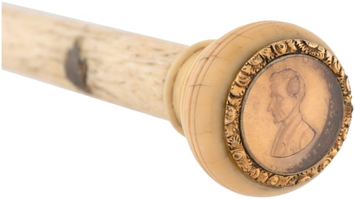 POLK 1844 PORTRAIT MEDAL IN CARVED BALEEN CANE.