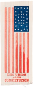 BELL "THE UNION AND THE CONSTITUTION" C. 1860 AMERICAN FLAG RIBBON.