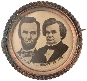 LINCOLN AND DOUGLAS 1908 JUGATE BUTTON MARKING 50TH ANNIVERSARY.