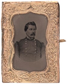 McCLELLAN ORNATE 1864 BRASS FRAME FERROTYPE PORTRAIT BADGE.