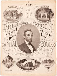 THE HOME & TOMB OF PRESIDENT LINCOLN 1865 SANGAMO INSURANCE CO. MEMORIAL PRINT.: 9.5x12.5” on thin paper. 1865. Features and older and bearded portrait of Lincoln in center. Additional text reads “Presented by the Sangamo Ins. Co.” Vignettes of Lincoln and his li