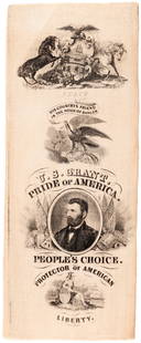U. S. GRANT PRIDE OF AMERICA 1868 CAMPAIGN PORTRAIT RIBBON.: 7.5&#8221; long. Cotton fabric. Oval portrait of Grant flanked by American flags. Text above reads &#8220;His Country&#8217;s Friend In The Hour Of Danger.&#8221; Slight even age toning and diagonal c