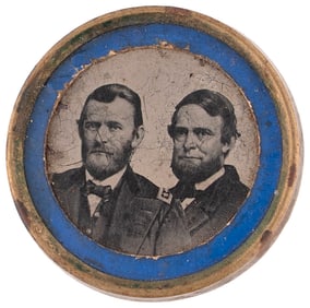 GRANT & COLFAX 1868 COLOR ACCENTED 1868 FERROTYPE JUGATE BADGE.