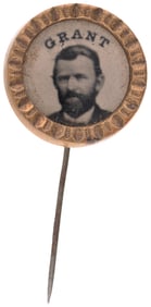 GRANT 1868 DENTILATED BORDER BRASS SHELL FERROTYPE STICKPIN BADGE.