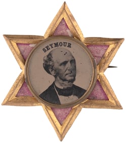 SEYMOUR 1868 SIX POINTED STAR BRASS SHELL FERROTYPE BADGE.