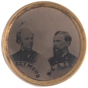 SEYMOUR & BLAIR SCARCE 1868 CAMPAIGN FERROTYPE JUGATE BADGE.