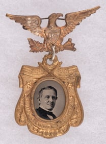 TILDEN 1876 "CENTENNIAL PRESIDENT" BRASS SHELL FERROTYPE BADGE.