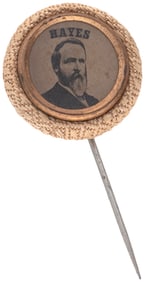 “HAYES” FERROTYPE PORTRAIT 1876 CLOTH RIMMED STICKPIN BADGE.