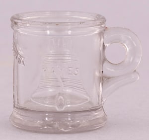 HAYES & WHEELER 1876 LIBERTY BELL MINIATURE PRESSED GLASS MUG.