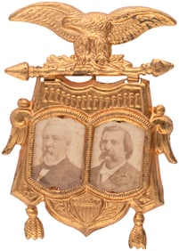BLAINE & LOGAN PERCHED EAGLE BRASS SHELL 1884 JUGATE BADGE.