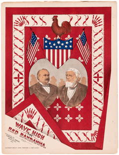 CLEVELAND & THURMAN "WAVE HIGH THE RED BANDANNA" GRAPHIC 1888 SHEET MUSIC.: 10.75x14". Copyright 1888 (Emma Washburn). Published by Edward F. Droop. Music and lyrics by Emma Washburn. Features portraits of the 1888 Democrats in center on a patriotic bandanna w/rooster at the