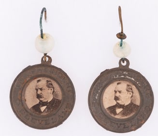 CLEVELAND "FOR PRESIDENT" 1884 SHELL MEDALLION EARRINGS.