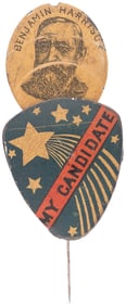 HARRISON "MY CANDIDATE" RARE SHOOTING STAR MECHANICAL PORTRAIT BADGE.