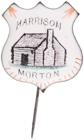 HARRISON & MORTON 1888 COLOR ACCENTED PORCELAIN SHIELD BADGE.