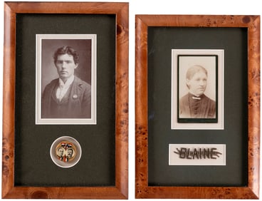 BLAINE & MCKINLEY BADGES PAIRED W/CDV PORTRAITS OF ITEMS IN USE.