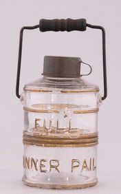 McKINLEY “FULL DINNER PAIL” GLASS MINIATURE W/ORIGINAL PAINT AND TIN CUP LID.