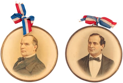 McKINLEY & BRYAN HANGING CELLO PORTRAIT BADGE PAIR.