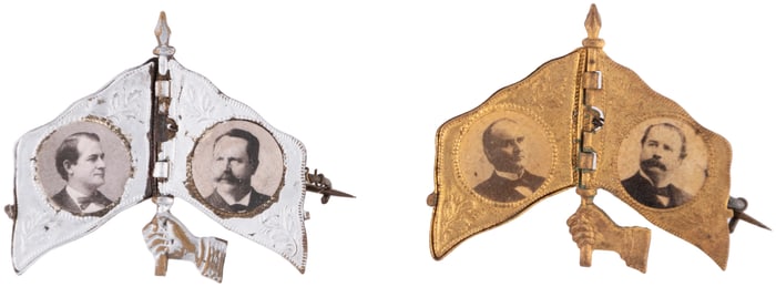 McKINLEY & BRYAN 1896 AMERICAN FLAG MECHANICAL JUGATE LAPEL BADGE PAIR.