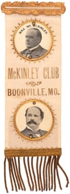 McKINLEY CLUB BOONVILLE, MO 1896 OVER UNDER CELLO JUGATE RIBBON BADGE.