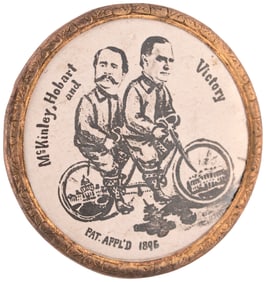 McKINLEY & HOBART RIDING BICYCLE RARE 1896 CAMPAIGN BUTTON HAKE #283.