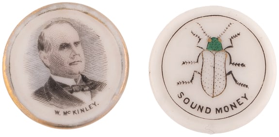 MCKINLEY PORTRAIT & "SOUND MONEY" GOLD BUG 1896 PORCELAIN STUD BACK BADGE PAIR.