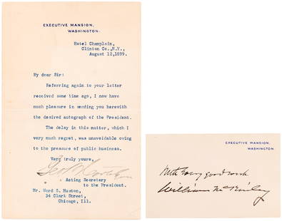 WILLIAM McKINLEY SIGNED & INSCRIBED "EXECUTIVE MANSION" CARD.: 2.25x4.5" and 4.5x7". McKinley signature on card w/"Executive Mansion, Washington" in upper right corner. Also includes the enclosed letter sent to recipient that was written and signed by George Cort