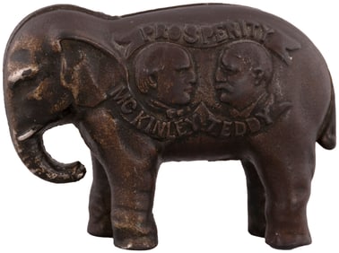 McKINLEY TEDDY ROOSEVELT 1900 JUGATE FIGURAL ELEPHANT STILL BANK.