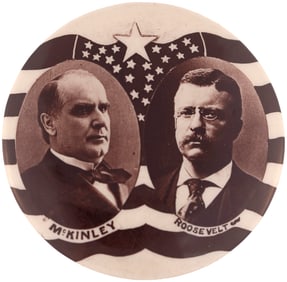 McKINLEY & ROOSEVELT GORGEOUS 1900 SEPIA TONED JUGATE BUTTON.