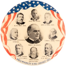 PRES. McKINLEY & HIS CABINET 1900 FLAG MOTIF OVERSIZE CELLO BUTTON HAKE #3211.