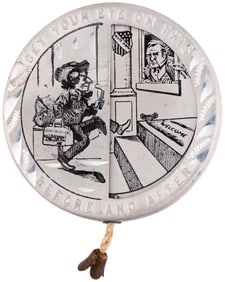 BRYAN KICKING McKINLEY FROM THE WHITE HOUSE GRAPHIC MECHANICAL PIN BACK BADGE.