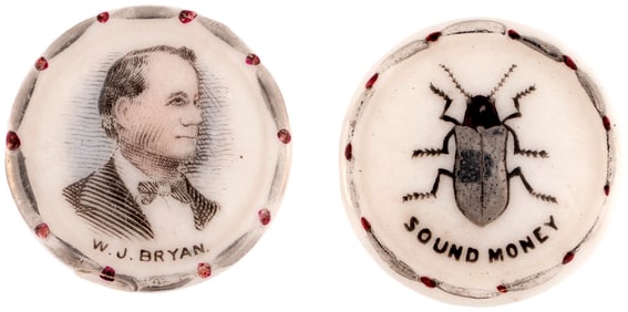 BRYAN PORTRAIT & "SOUND MONEY" SILVER BUG 1896 PORCELAIN STUD BACK BADGE PAIR.