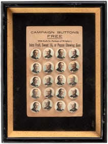 BRYAN & TAFT "CAMPAIGN BUTTONS FREE" 1908 CHEWING GUM ADVERTISING CARD W/20 BUTTONS.